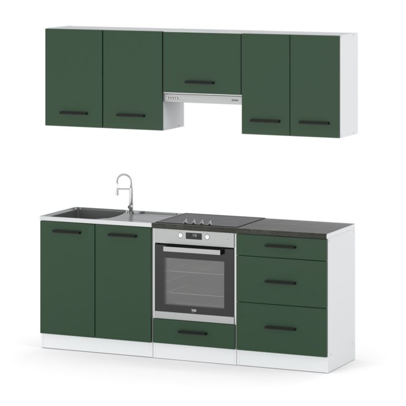 Zestaw Kuchenny Hurtownia-Mebli Z Blatem Kuchnia Mini Mokka Full 200cm Biały Mat Butelkowa Zieleń 200x47x145 cm 1szt.