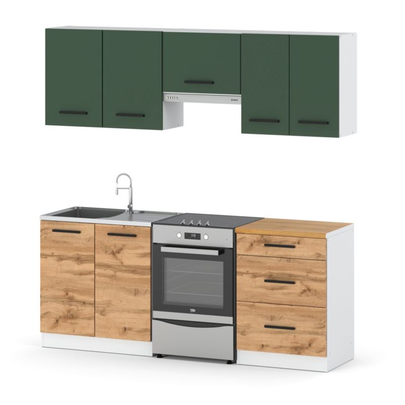 Zestaw Kuchenny Hurtownia-Mebli Z Blatem Kuchnia Mini Mokka Plus 200cm Biały Mat Butelkowa Zieleń/Dąb Wotan 200x47x145 cm 1szt.