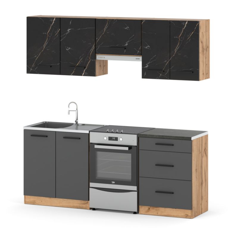 Zestaw Kuchenny Hurtownia-Mebli Z Blatem Kuchnia Mini Mokka Plus 200cm Dąb Wotan San Sebastian/Szary Mat 200x47x145 cm 1szt.
