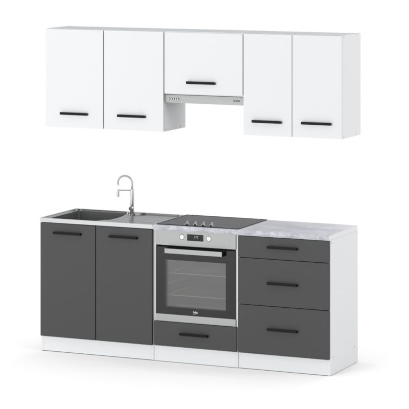 Zestaw Kuchenny Hurtownia-Mebli Z Blatem Kuchnia Mini Mokka Full 200cm Biały Mat Biały Mat/Szary Mat 200x47x145 cm 1szt.