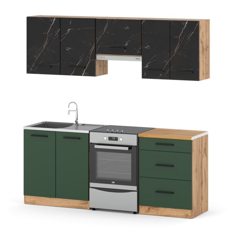 Zestaw Kuchenny Hurtownia-Mebli Z Blatem Kuchnia Mini Mokka Plus 200cm Dąb Wotan San Sebastian/Butelkowa Zieleń 200x47x145 cm 1s