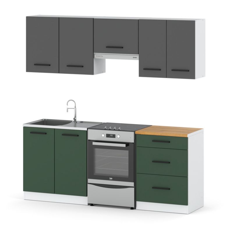 Zestaw Kuchenny Hurtownia-Mebli Z Blatem Kuchnia Mini Mokka Plus 200cm Biały Mat Szary Mat/Butelkowa Zieleń 200x47x145 cm 1szt.