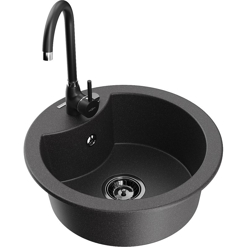 Zlewozmywak granitowy 1-komorowy Mexen Diego z baterią kuchenną Telma czarny nakrapiany - 6512-76-670200-70 1 szt.