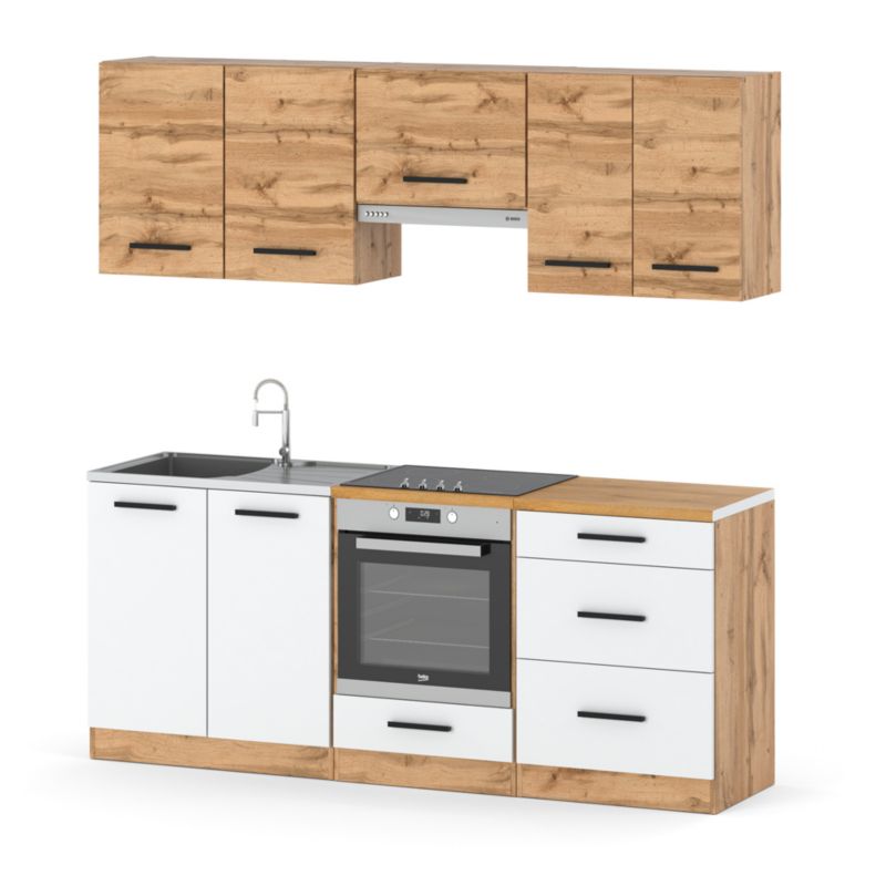 Zestaw Kuchenny Hurtownia-Mebli Z Blatem Kuchnia Mini Mokka Full 200cm Dąb Wotan Dąb Wotan/Biały Mat 200x47x145 cm 1szt.