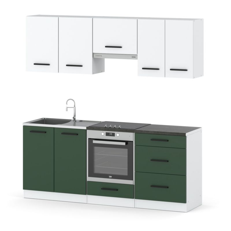 Zestaw Kuchenny Hurtownia-Mebli Z Blatem Kuchnia Mini Mokka Full 200cm Biały Mat Biały Mat/Butelkowa Zieleń 200x47x145 cm 1szt.