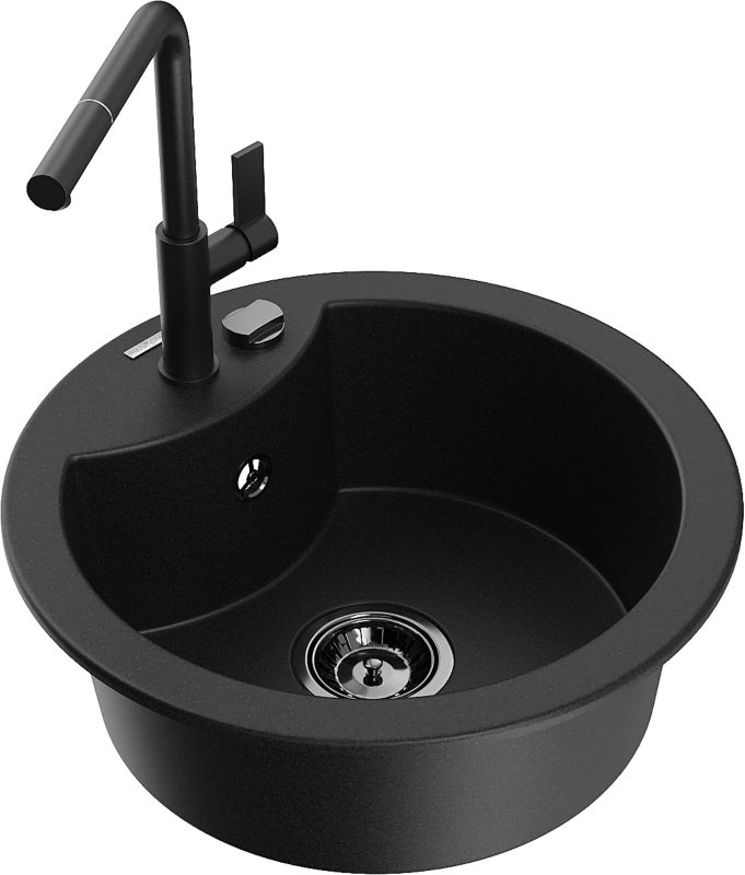 Zlewozmywak granitowy Mexen Diego 1-komorowy z baterią kuchenną Flora szary - 6512-71-670401-70-B 1 szt.