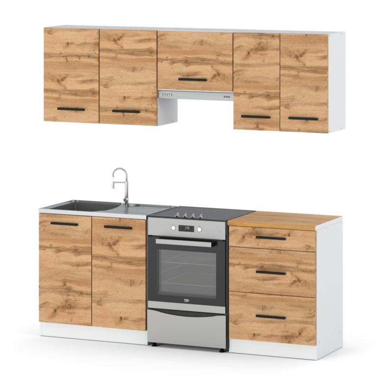 Zestaw Kuchenny Hurtownia-Mebli Z Blatem Kuchnia Mini Mokka Plus 200cm Biały Mat Dąb Wotan 200x47x145 cm 1szt.
