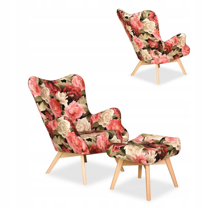 Fotel uszak do salonu z podnóżkiem Family Meble Luna Print Duo kwiecisty 1szt