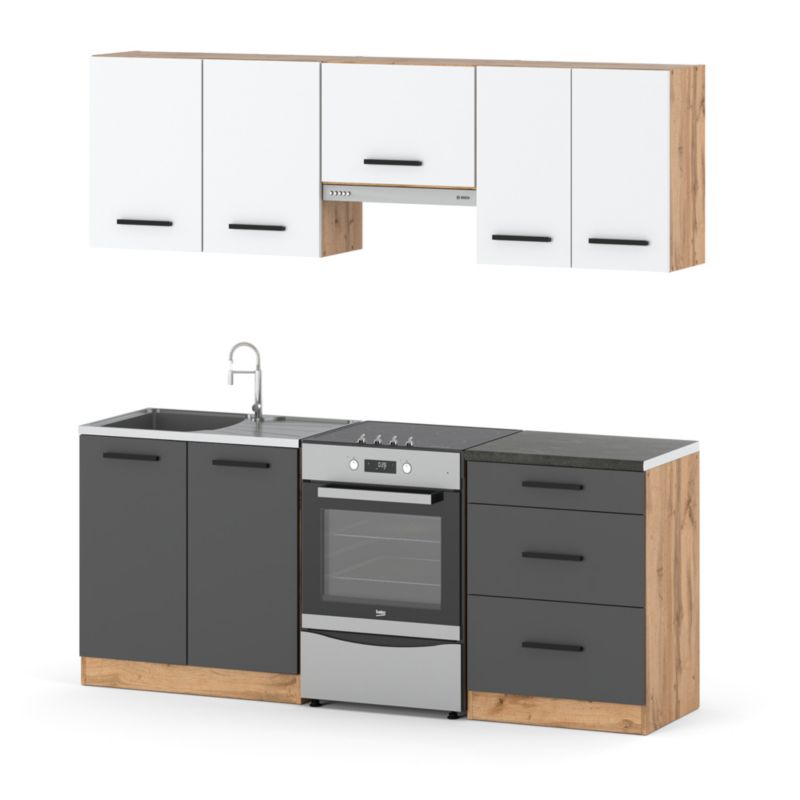 Zestaw Kuchenny Hurtownia-Mebli Z Blatem Kuchnia Mini Mokka Plus 200cm Dąb Wotan Biały Mat/Szary Mat 200x47x145 cm 1szt.