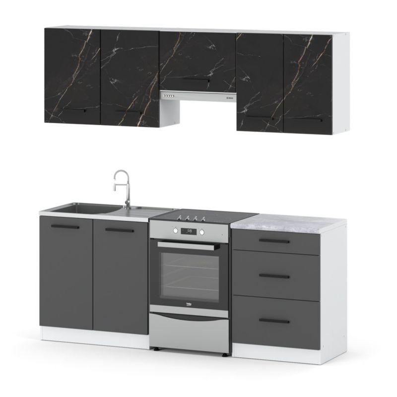 Zestaw Kuchenny Hurtownia-Mebli Z Blatem Kuchnia Mini Mokka Plus 200cm Biały Mat San Sebastian/Szary Mat 200x47x145 cm 1szt.