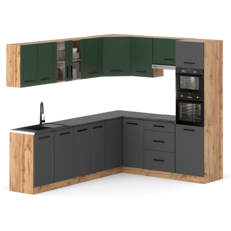 Zestaw Kuchenny Hurtownia-Mebli Z Blatem Kuchnia Marra Narozna 460cm Dąb Wotan Butelkowa Zieleń/Szary Mat 460x47x145 cm 1szt.