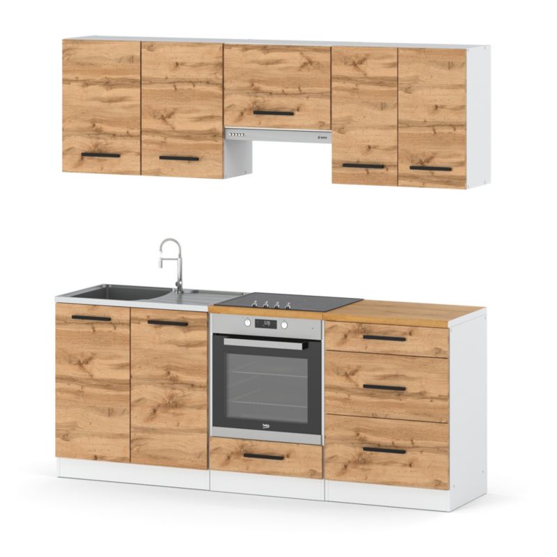 Zestaw Kuchenny Hurtownia-Mebli Z Blatem Kuchnia Mini Mokka Full 200cm Biały Mat Dąb Wotan 200x47x145 cm 1szt.