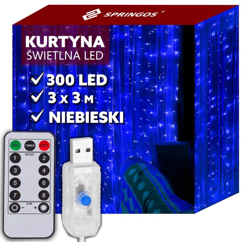 Kurtyna świetlna niebieski 300 Led Springos lampki wewnętrzne z programatorem USB 1 szt.