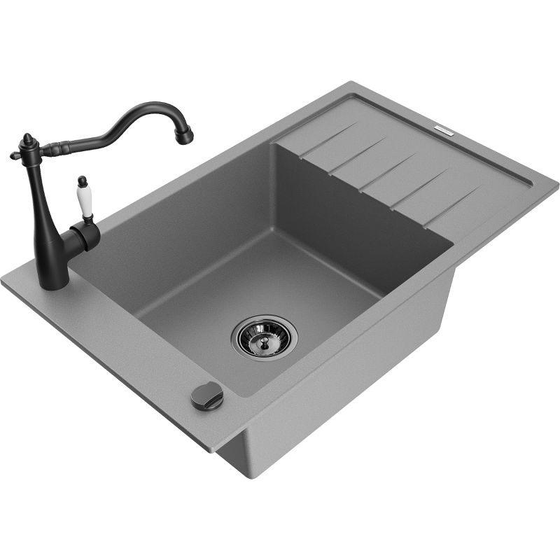 Zlewozmywak granitowy 1-komorowy Mexen Elias z ociekaczem i baterią kuchenną Carla szary 6511-71-670700-70-B