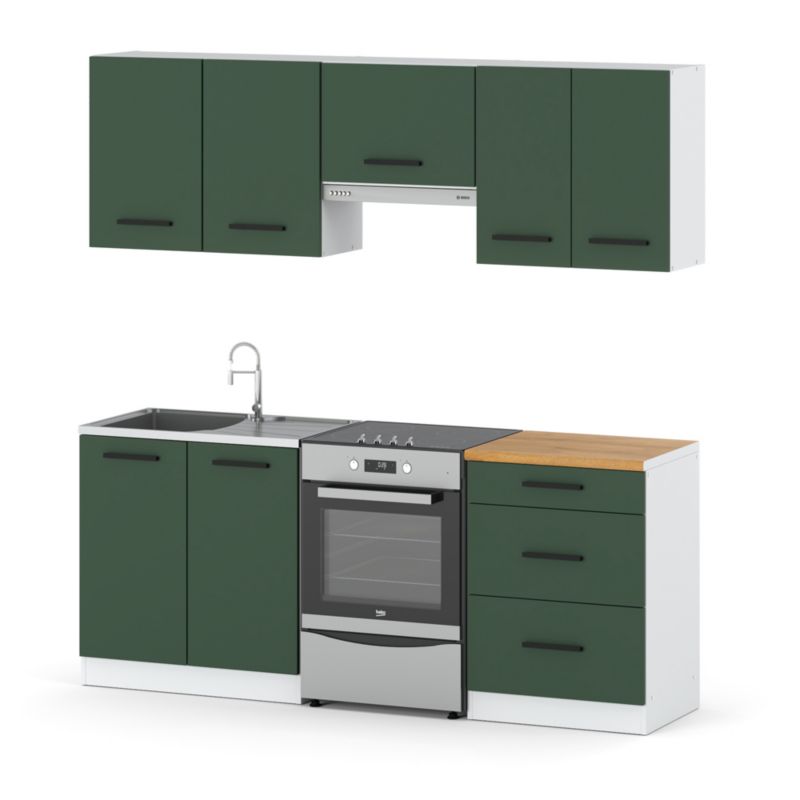 Zestaw Kuchenny Hurtownia-Mebli Z Blatem Kuchnia Mini Mokka Plus 200cm Biały Mat Butelkowa Zieleń 200x47x145 cm 1szt.