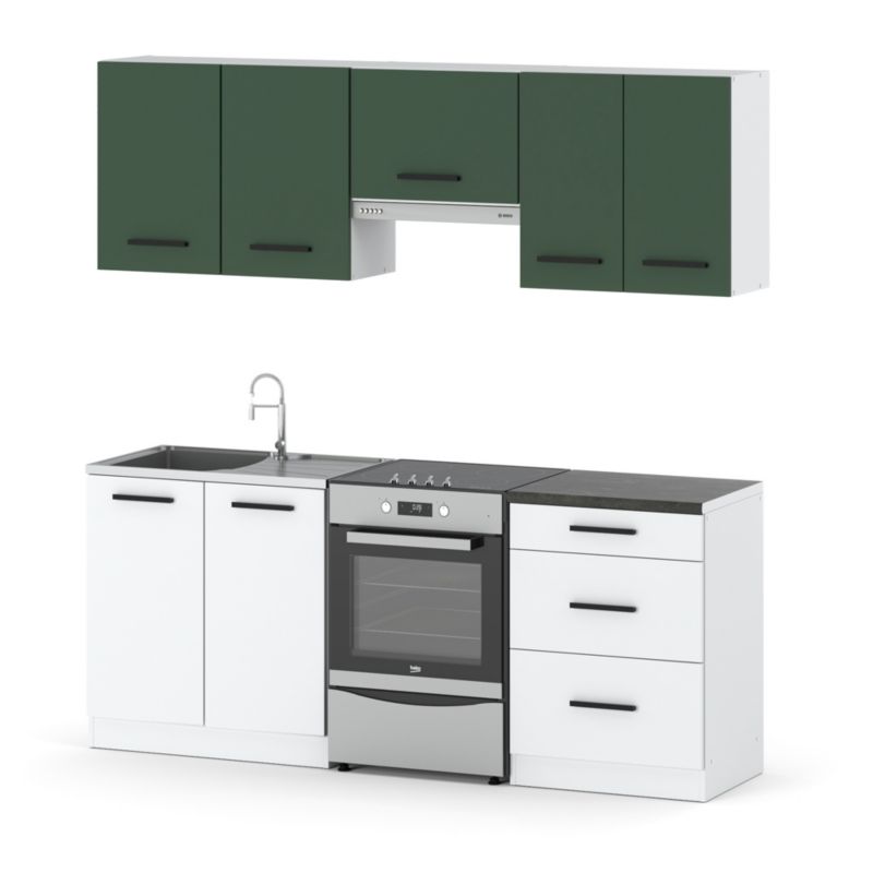 Zestaw Kuchenny Hurtownia-Mebli Z Blatem Kuchnia Mini Mokka Plus 200cm Biały Mat Butelkowa Zieleń/Biały Mat 200x47x145 cm 1szt.