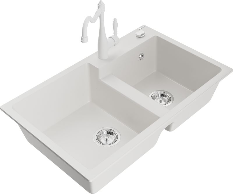 Zlewozmywak granitowy Mexen Tomas 2-komorowy z baterią kuchenną Carla biały - 6516-20-670700-50 1 szt.
