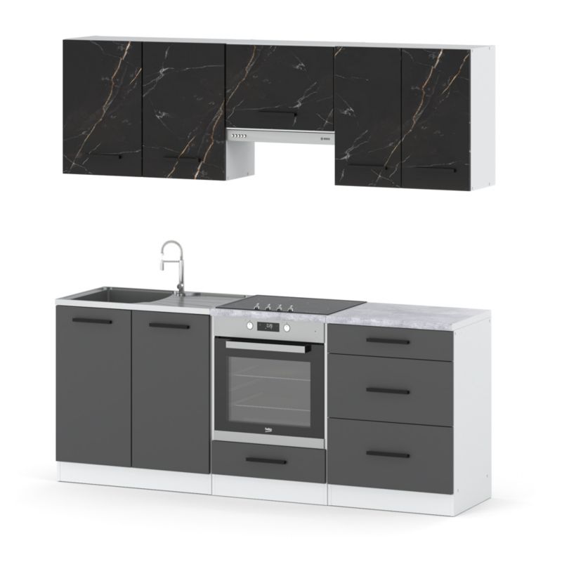Zestaw Kuchenny Hurtownia-Mebli Z Blatem Kuchnia Mini Mokka Full 200cm Biały Mat San Sebastian/Szary Mat 200x47x145 cm 1szt.