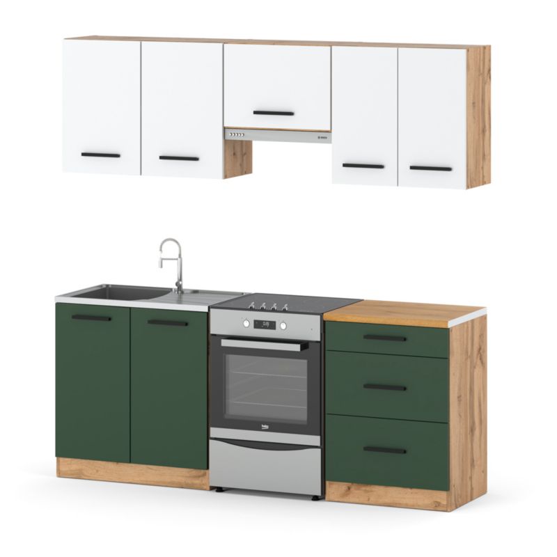 Zestaw Kuchenny Hurtownia-Mebli Z Blatem Kuchnia Mini Mokka Plus 200cm Dąb Wotan Biały Mat/Butelkowa Zieleń 200x47x145 cm 1szt.