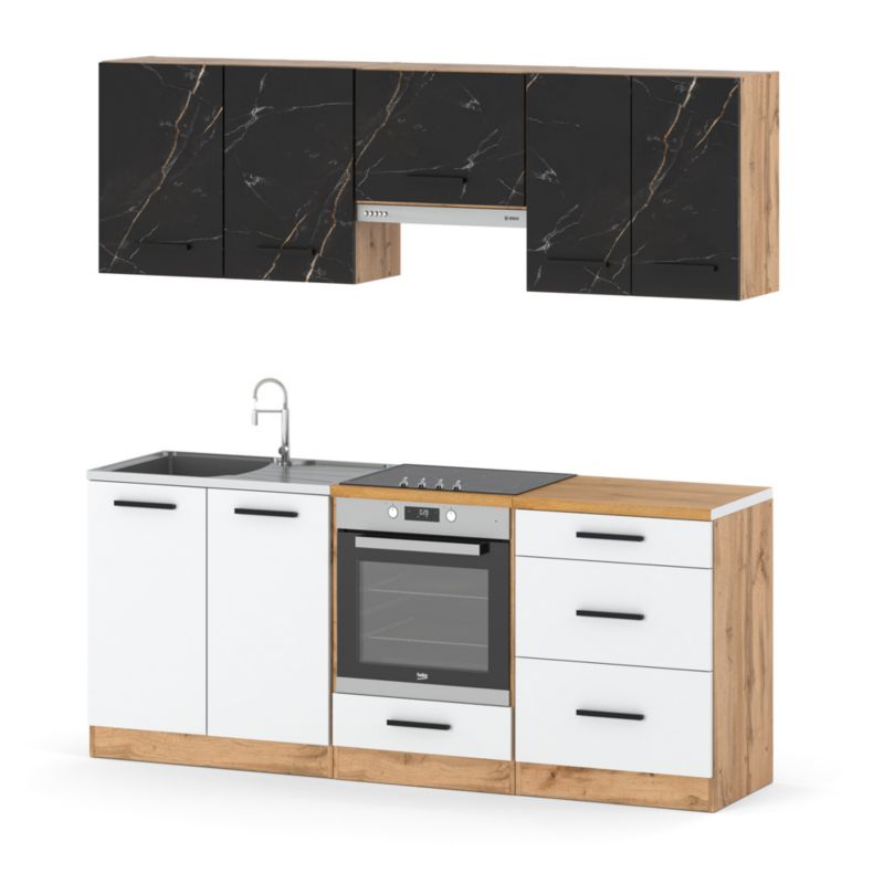 Zestaw Kuchenny Hurtownia-Mebli Z Blatem Kuchnia Mini Mokka Full 200cm Dąb Wotan San Sebastian/Biały Mat 200x47x145 cm 1szt.