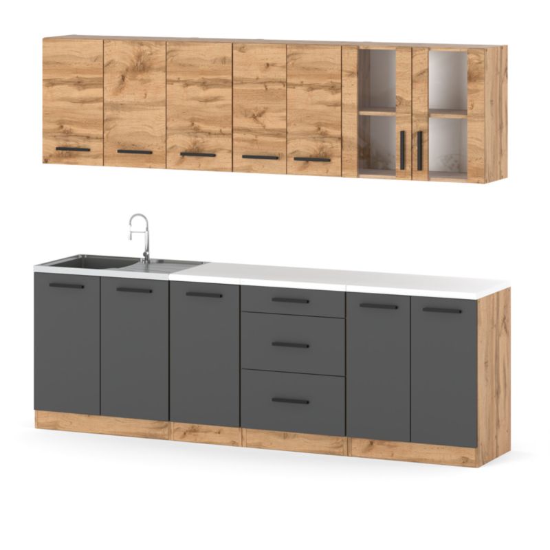 Zestaw Kuchenny Hurtownia-Mebli Z Blatem Kuchnia Remino 260cm Dąb Wotan Dąb Wotan/Szary Mat 260x47x145 cm 1szt.
