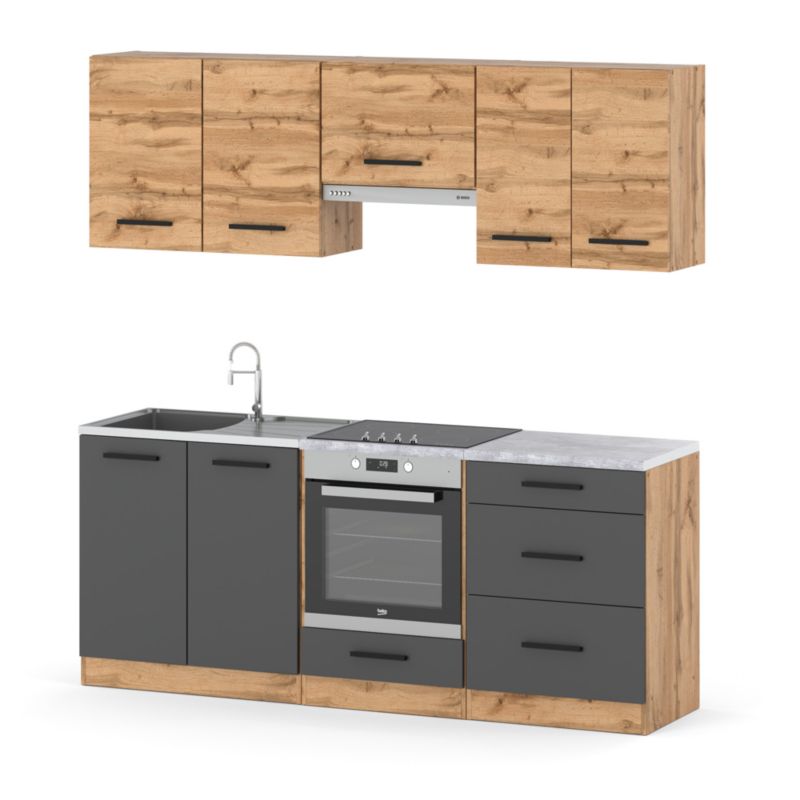 Zestaw Kuchenny Hurtownia-Mebli Z Blatem Kuchnia Mini Mokka Full 200cm Dąb Wotan Dąb Wotan/Szary Mat 200x47x145 cm 1szt.