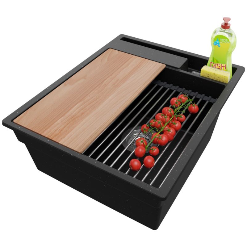 PRIMAGRAN Zlewozmywak Czarny Metalik 43x53cm, Zlew Kuchenny 1 Komorowy + Syfon + Akcesoria, Nablatowy do szafki od 45cm