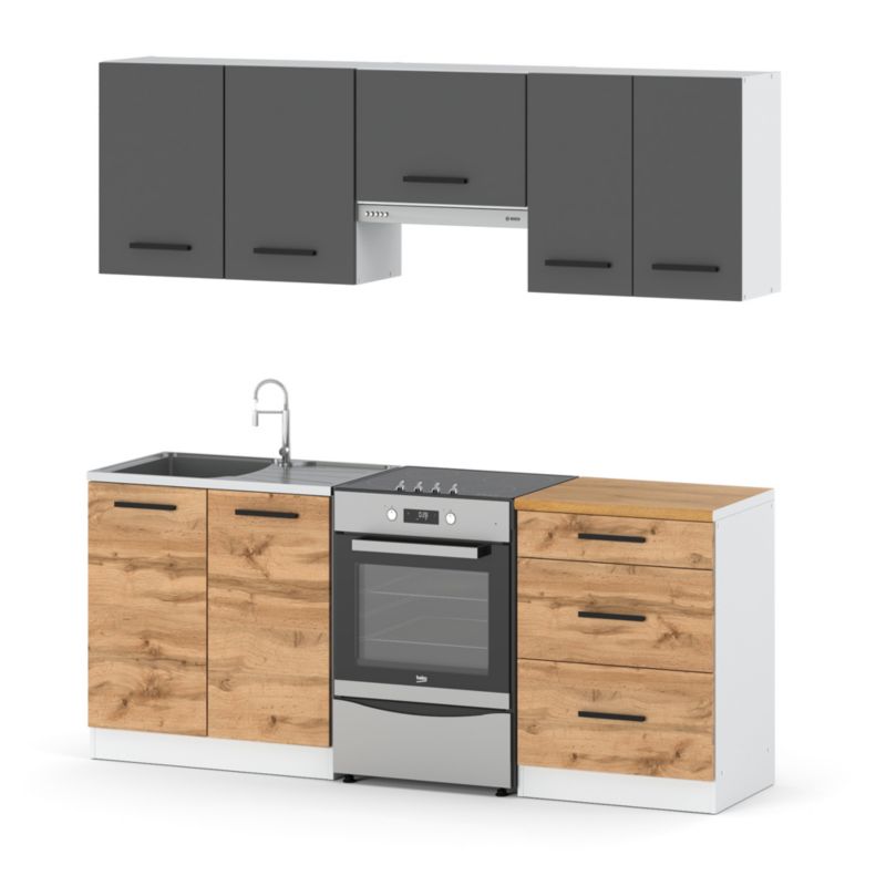 Zestaw Kuchenny Hurtownia-Mebli Z Blatem Kuchnia Mini Mokka Plus 200cm Biały Mat Szary Mat/Dąb Wotan 200x47x145 cm 1szt.