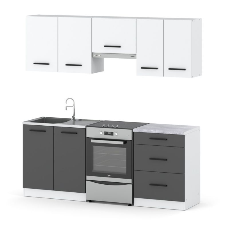 Zestaw Kuchenny Hurtownia-Mebli Z Blatem Kuchnia Mini Mokka Plus 200cm Biały Mat Biały Mat/Szary Mat 200x47x145 cm 1szt.