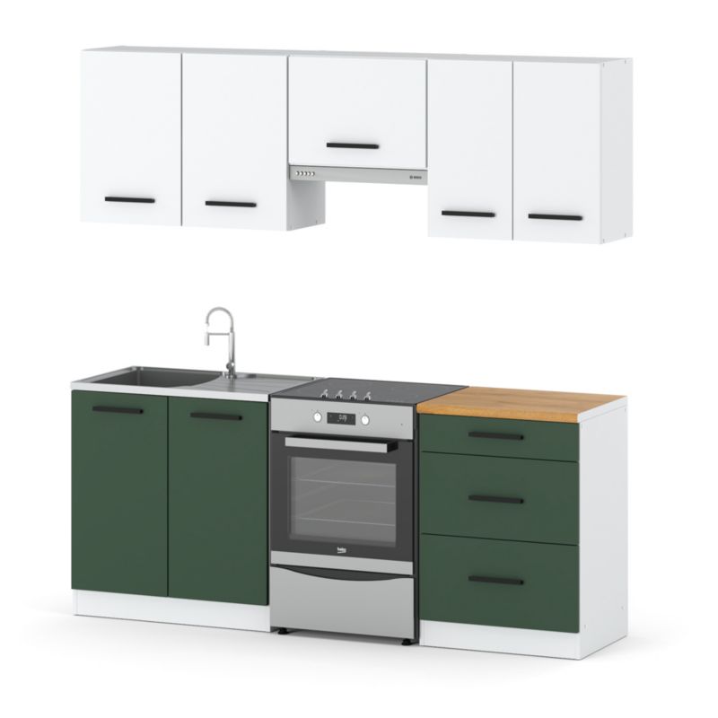 Zestaw Kuchenny Hurtownia-Mebli Z Blatem Kuchnia Mini Mokka Plus 200cm Biały Mat Biały Mat/Butelkowa Zieleń 200x47x145 cm 1szt.