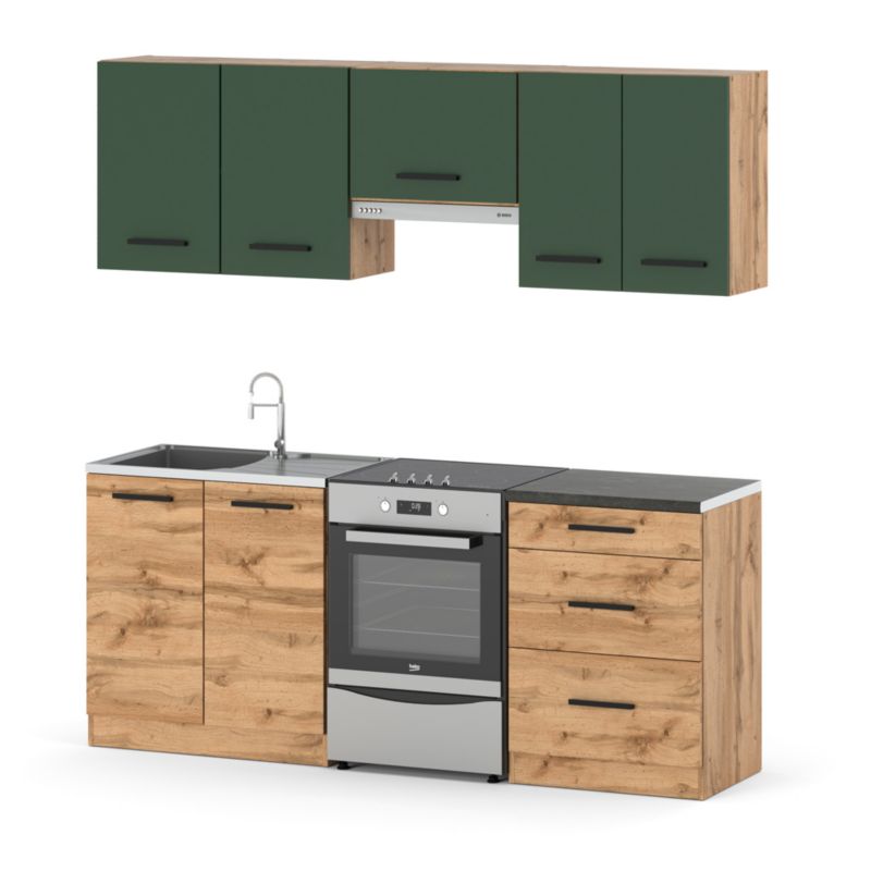 Zestaw Kuchenny Hurtownia-Mebli Z Blatem Kuchnia Mini Mokka Plus 200cm Dąb Wotan Butelkowa Zieleń/Dąb Wotan 200x47x145 cm 1szt.
