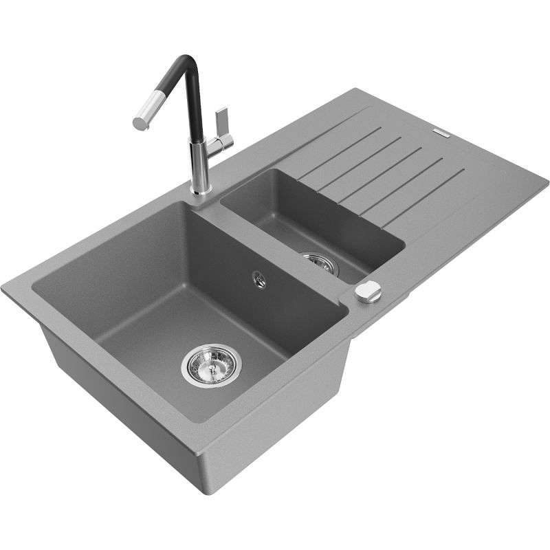 Zlewozmywak granitowy 1.5-komorowy Mexen Matias z ociekaczem i baterią kuchenną Flora szary 6502-71-670401-07