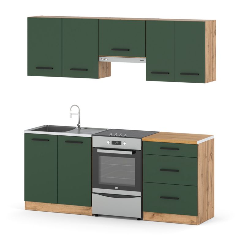 Zestaw Kuchenny Hurtownia-Mebli Z Blatem Kuchnia Mini Mokka Plus 200cm Dąb Wotan Butelkowa Zieleń 200x47x145 cm 1szt.