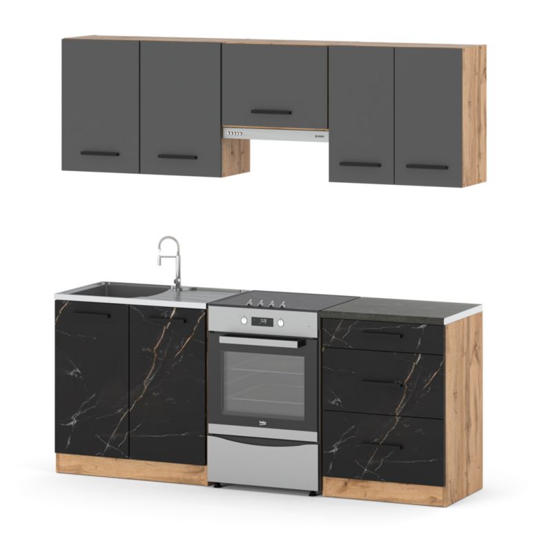Zestaw Kuchenny Hurtownia-Mebli Z Blatem Kuchnia Mini Mokka Plus 200cm Dąb Wotan Szary Mat/San Sebastian 200x47x145 cm 1szt.