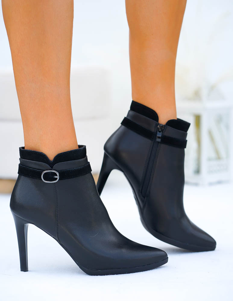 Czarne Krótkie Botki Na Szpilce Ze Skóry Naturalnej