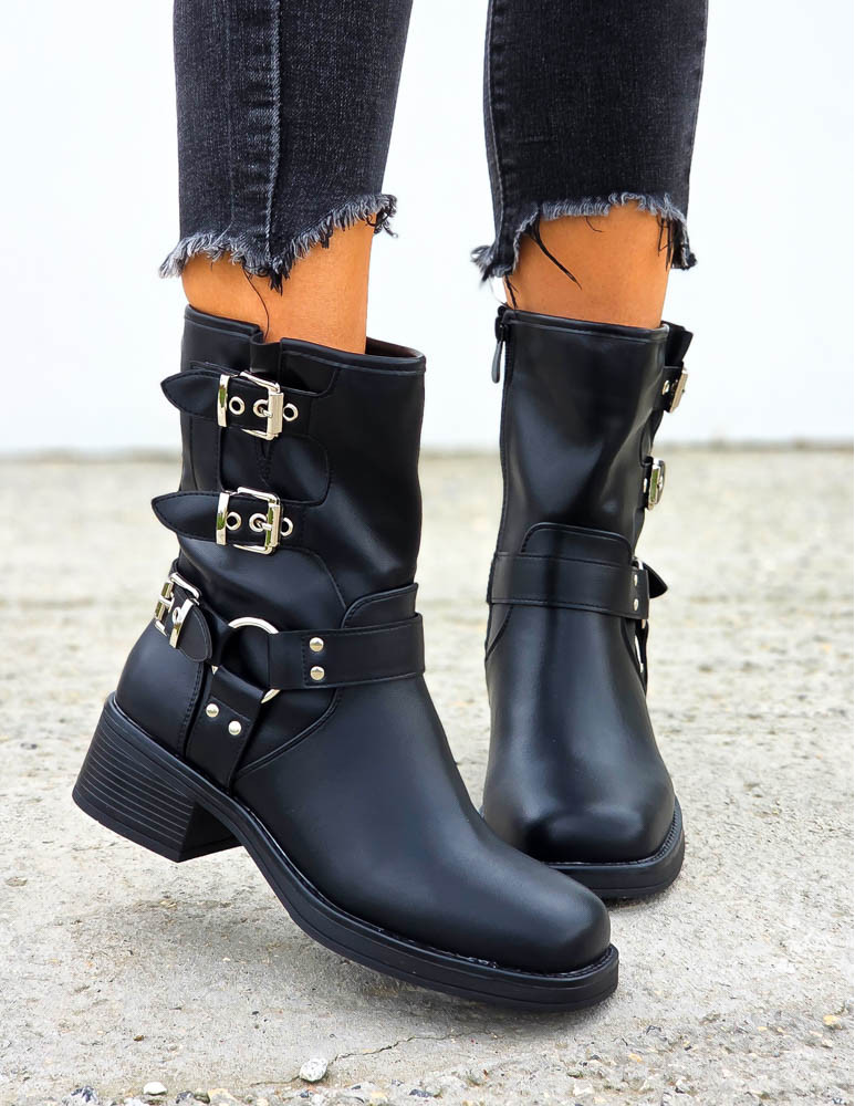 Czarne Botki Workery Skórzane Bike