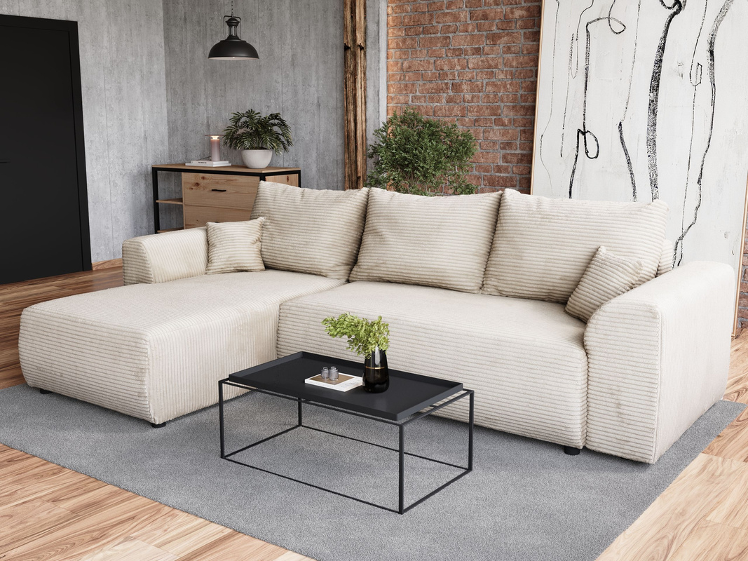 Nowoczesna rogówka do salonu beżowa z funkcją spania ROMEO sztruksowa