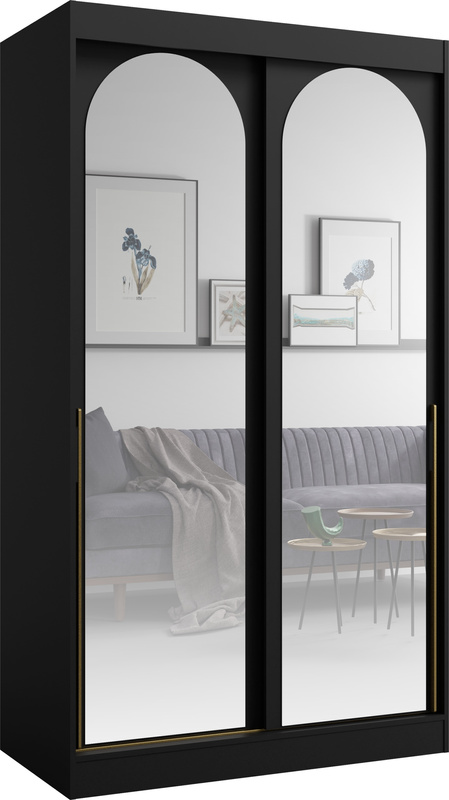Czarna szafa przesuwna z lustrami 120 cm drzwi przesuwne złote uchwyty MORIN