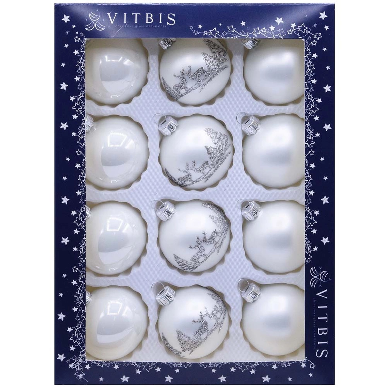 Bombki gładkie i dekorowane w pudełku srebrne/białe śr. 6 cm - 12 szt.