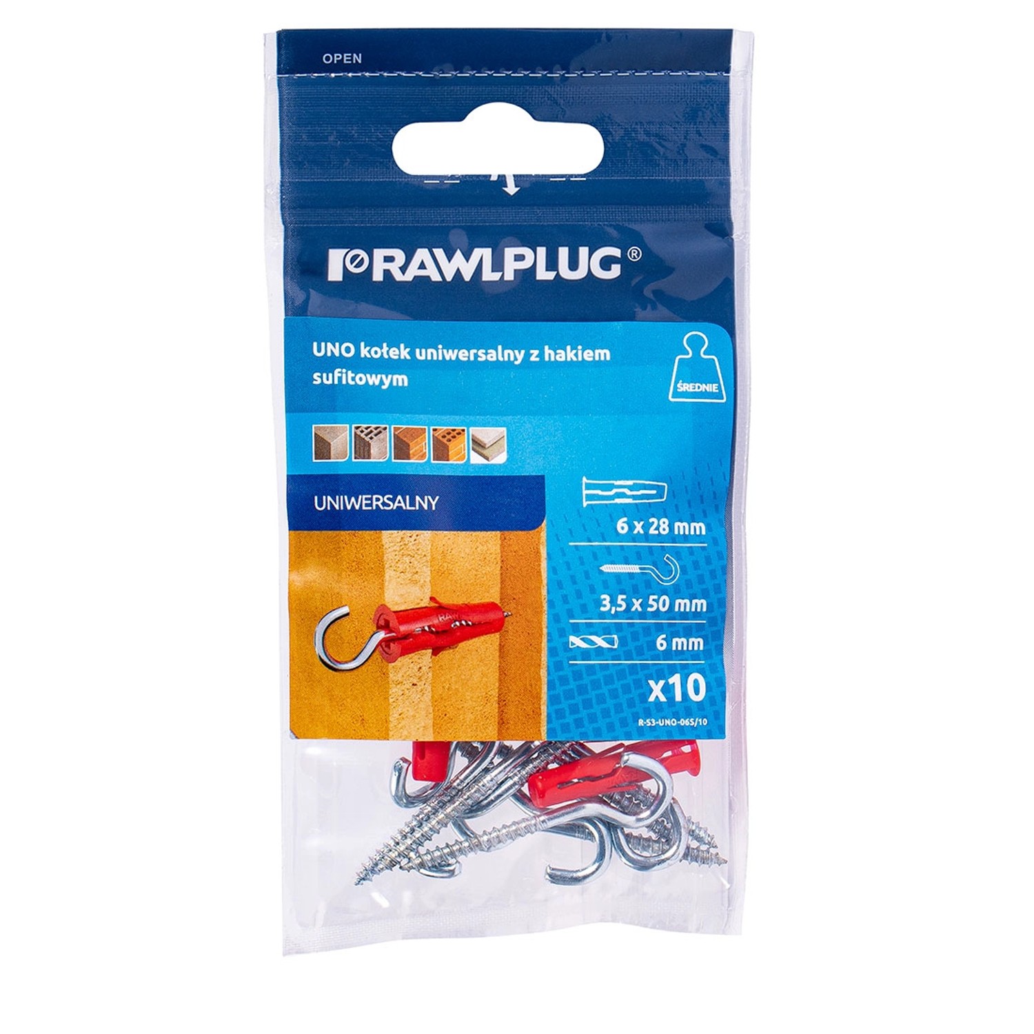 Rawlplug Kołek UNO uniwersalny 6x28 mm hak sufitowy 10 szt.