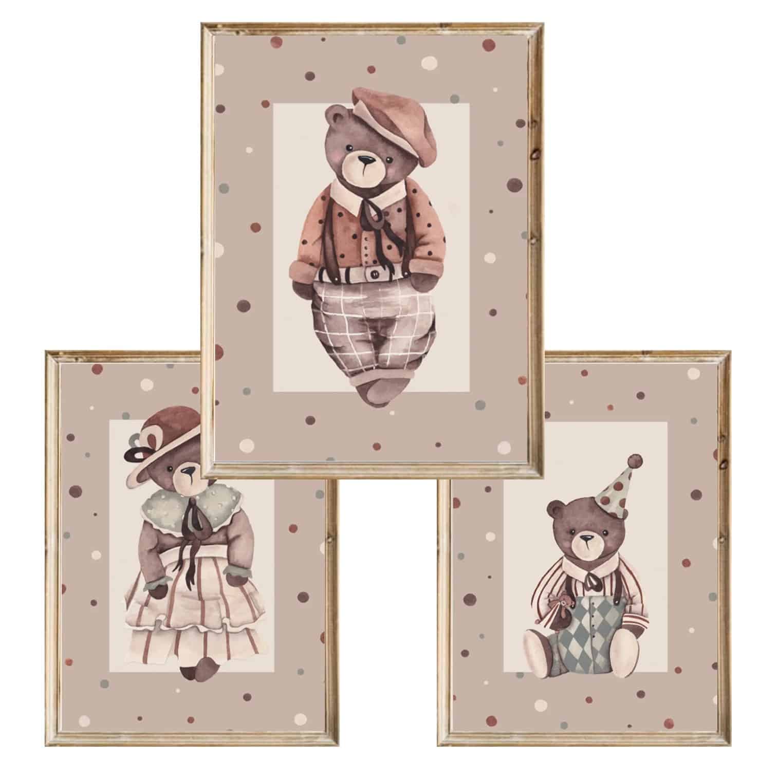 Zestaw trzech plakatów dla dzieci Retro Niedźwiadki - A3