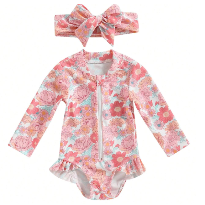 Kostium kąpielowy jednoczęściowy z rękawami + opaska kwiatuszki 68-98 NS