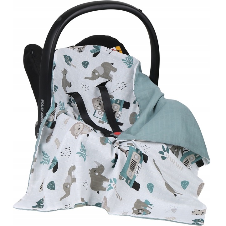 Letni dwustronny muślinowy otulacz do nosidełka Animals szałwia AL