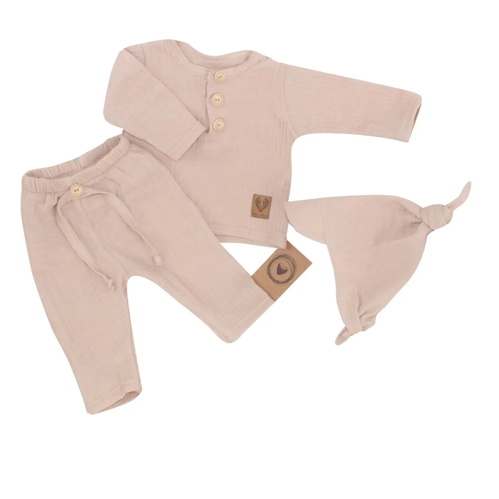 3CZ MUŚLINOWY KOMPLET KOSZULKA + SPODNIE + CZAPKA PIASKOWY BEŻ ZZ - 68