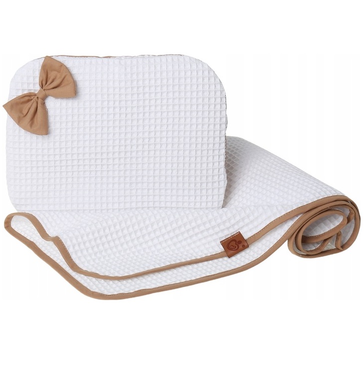 Zestaw kocyk wafelek biel + poduszka z kokardką AL