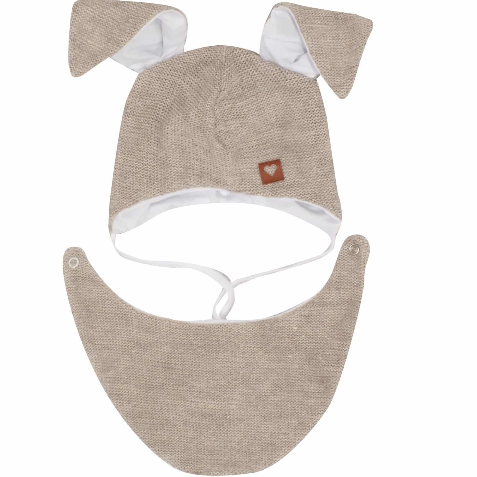 Komplet Królik czapka niemowlęca wiązana włóczkowa z uszami+apaszka beż ZZ