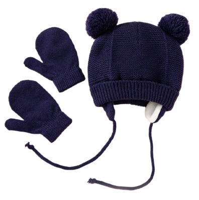 Komplet 2 częściowy czapka wiązana + rękawiczki granat NS