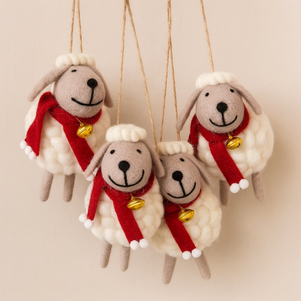 Zestaw 4 ozdób świątecznych – urocza owieczka z szalikiem 11,5 cm db