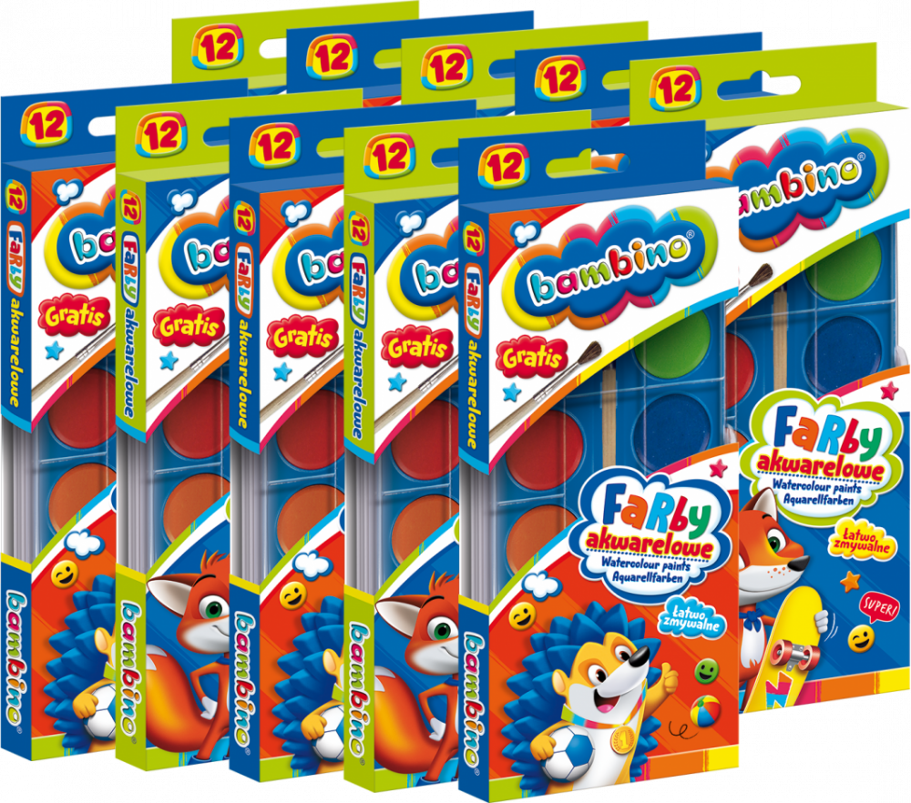 10x Farby akwarelowe Bambino Zwierzaki Uczniaki, 12 sztuk, mix kolorów