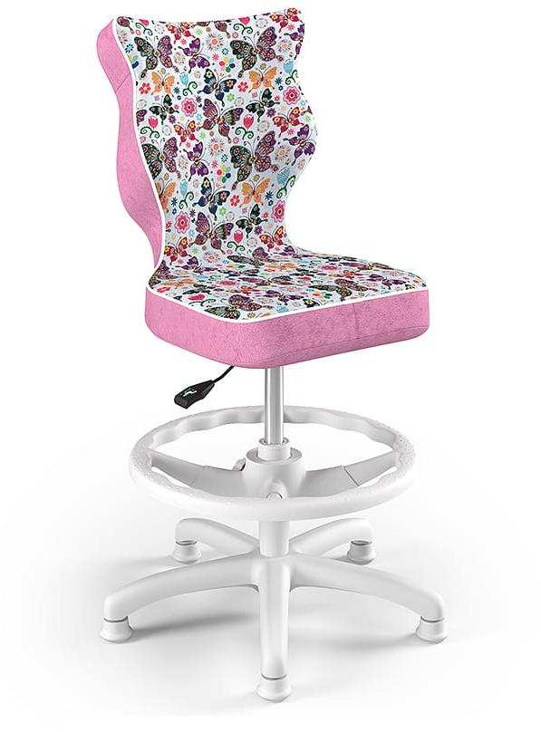 Krzesło do biurka dla dziewczynki Entelo Petit z podnóżkiem, rozmiar 3 WK+P, tkanina Storia ST31, różowy w motylki, biała podstawa